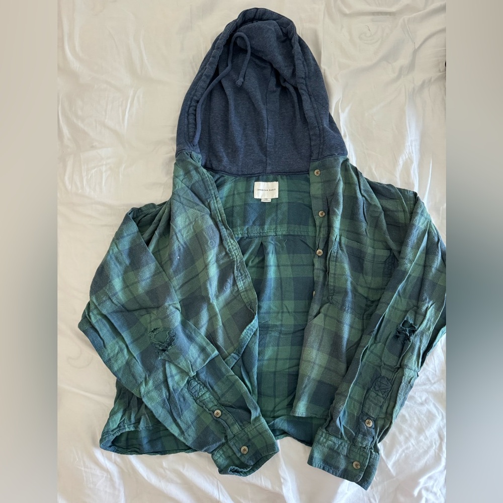 American Eagle Plaid Button Up Hooded Shirt